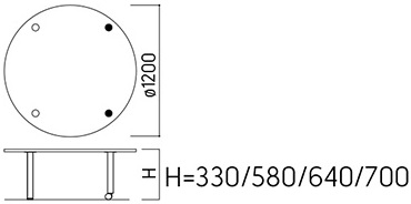 bản vẽ thiết kế Bàn thư viện Kotobuki Sea hình tròn FTA-1600 & FTA-1610 kích thước Dài 120 x Rộng 120 x Cao 33, 58, 64, 70cm, mặt bàn gỗ ván dăm chân bàn ống thép