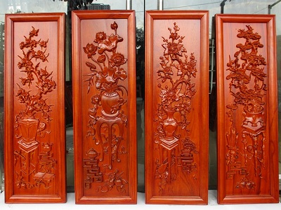 Tranh tứ bình hoa mai sen cúc tùng gỗ tự nhiên TTQ09 bốn loại hoa tài lộc