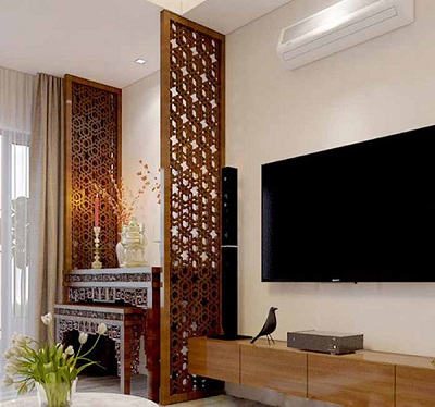 Vách gỗ phòng thờ hoa văn 3D VG139 tâm linh trong căn hộ hiện đại GHO-582