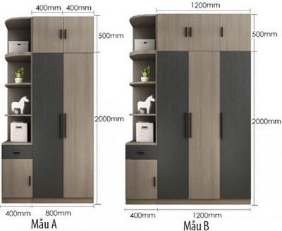 Tủ quần áo gỗ ép cao cấp kích thước 80-120cm kết hợp với kệ 40cm GMDF211 ghs-51257