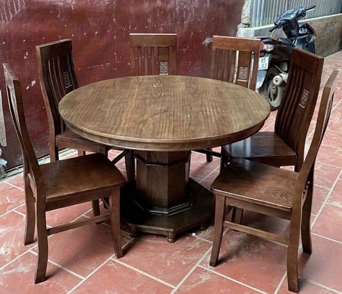 Bộ bàn ăn chân hộp mặt tròn gỗ sồi PA76