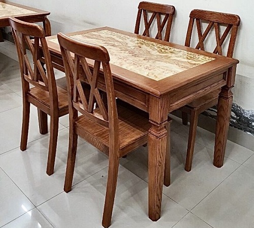 Bàn ăn gỗ sồi mặt đá tự ghế X
