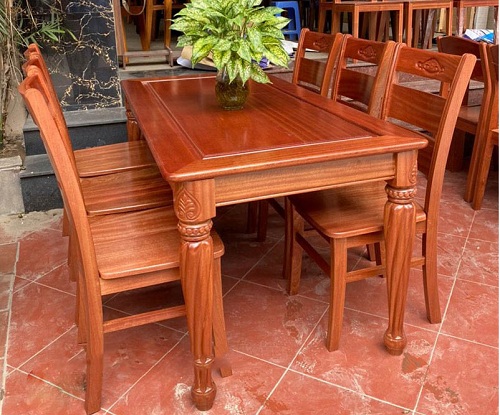 Bộ bàn ăn gỗ xoan đào chân trụ tiện tròn sơn màu cánh gián PA92