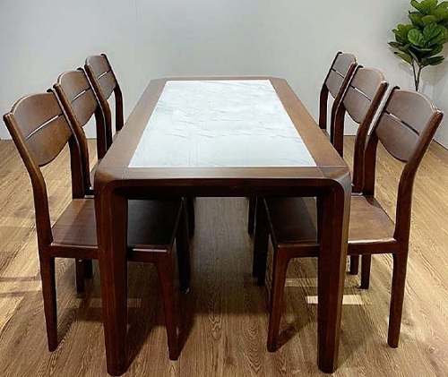 Bộ bàn ghế ăn gỗ sồi kết hợp mặt đá PA101 lau màu óc chó tạo điểm nhấn