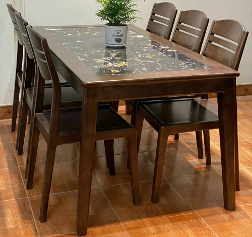 Bộ bàn ăn gỗ sồi mặt đá đen sơn màu óc chó PA73 4-5-6-8 người ngồi
