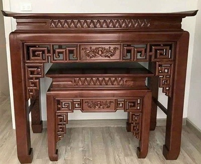 Ban thờ gỗ sồi biệt thự chạm nổi BTD49 chạm khắc đơn giản