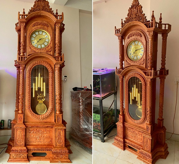 Đồng hồ cây tháp tứ trụ gỗ hương đá DHC01 bệ và vòm liền chắc chắn